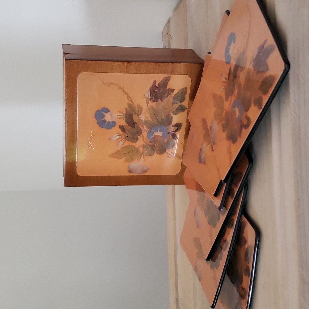 Vintage Coffee Coaster Set with hinged wooden storage box  Morning Glory picture